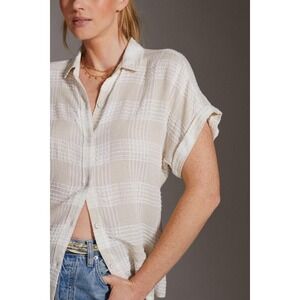 Anthropologie Cloth & Stone Button Down Surf Shirt Cream‎ Check Top Size Large